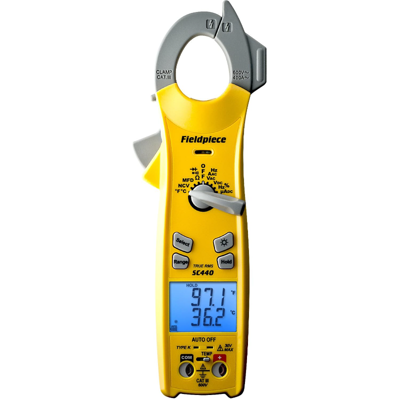 Fieldpiece SC440 Clamp Meter with dual display and True RMS – HVAC multimeter front view