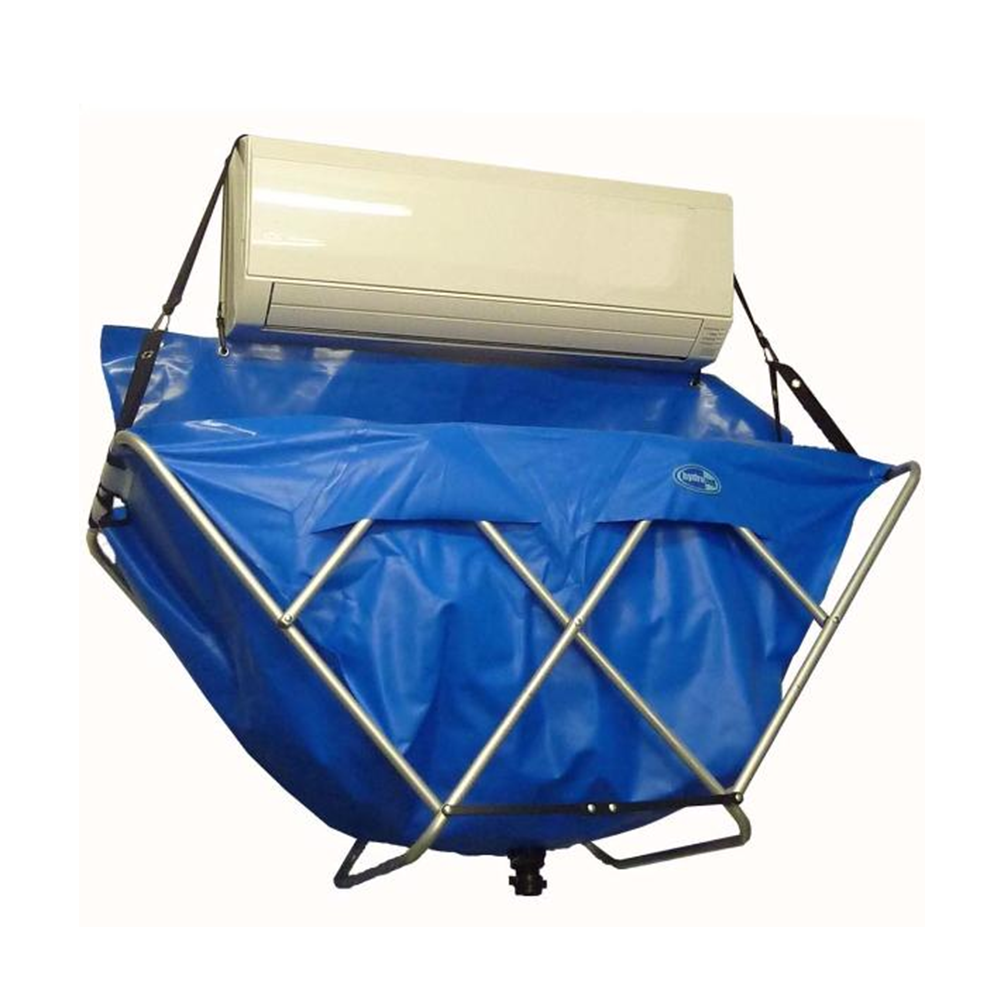 Reusable Hydrobag attached to indoor split-system air conditioner during coil cleaning